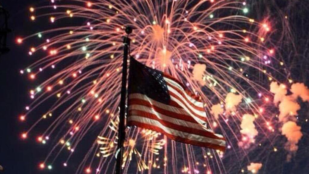 Image, American flag with fireworks in the background