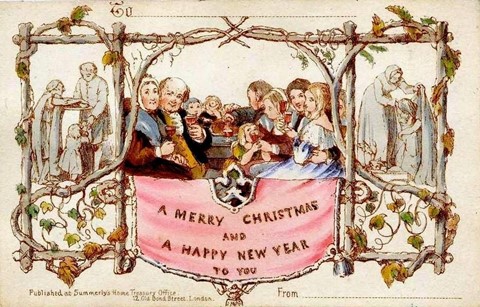 Illustration of a 19th century holiday card with family around a table with drinks in their hands.