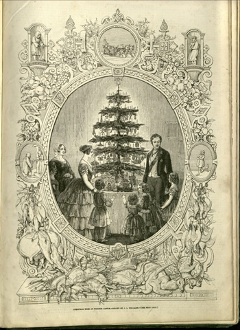 Illustration of a Victorian era family gathered around a Christmas tree
